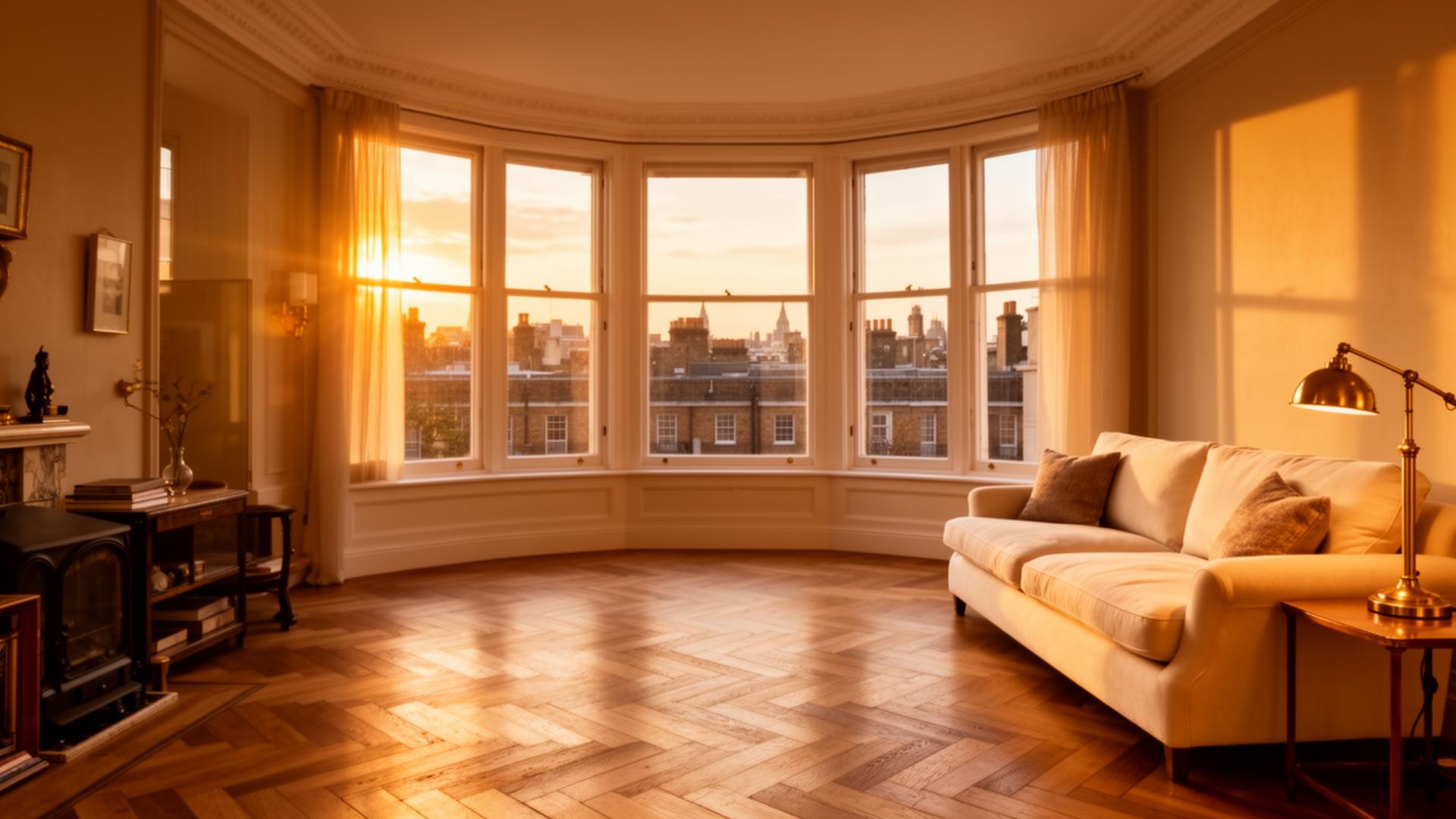 Warm London living room at golden hour